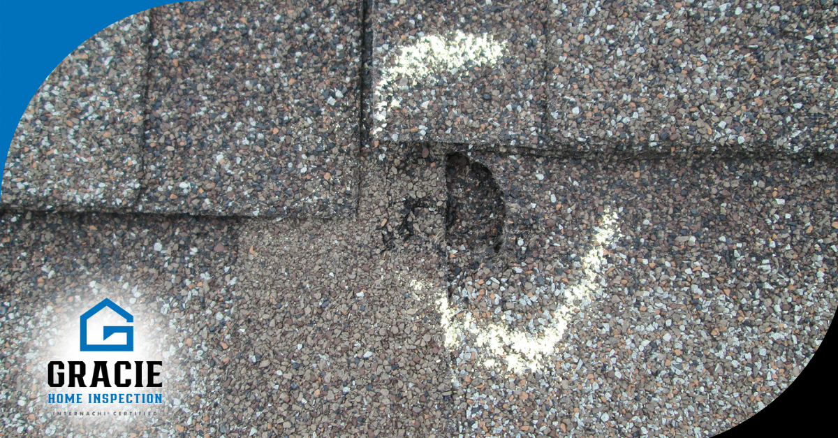 Close-up of hail damage on shingles.
